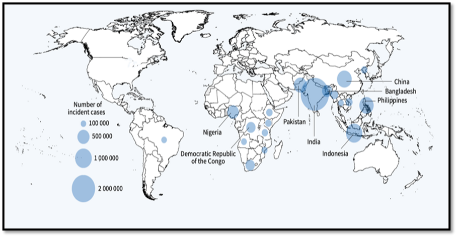 Maat, joissa todettiin vuonna 2021 vähintään 100 000 tuberkuloosi tapausta